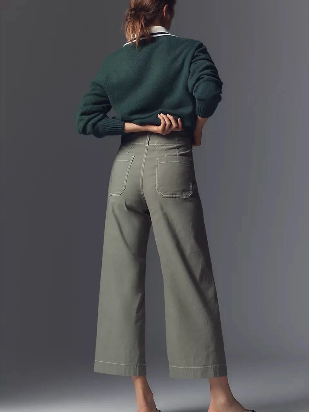 Maeve The Collette Sage Green Wide Leg Pants with Contrasting Stitch - Picture 3 of 12